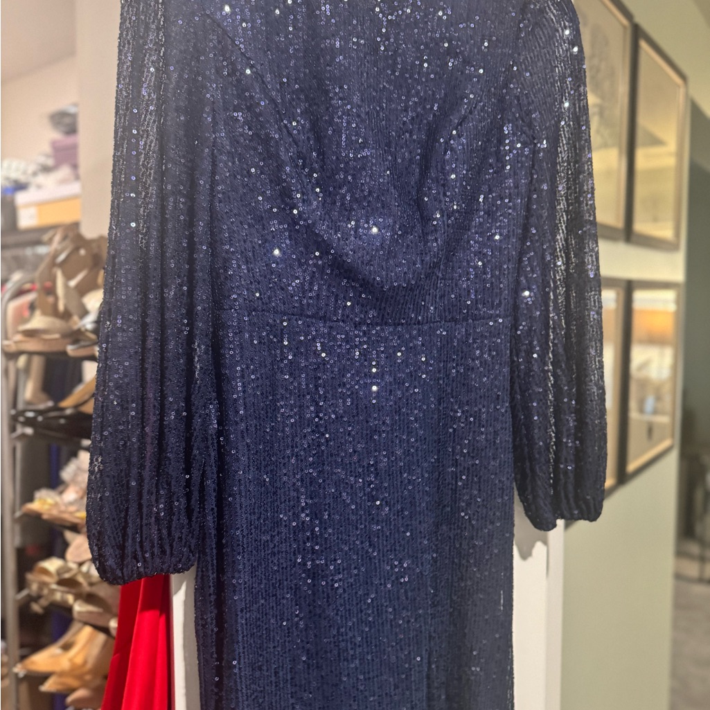 Mac Duggal Navy Sequin Long Sleeve Dress